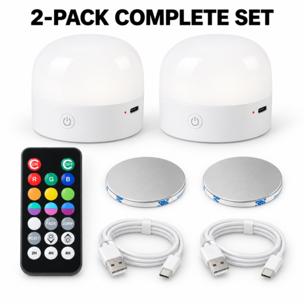 JackonLux rechargeable magnetic RGB puck lights 2-pack with remote, mounting plates and USB cables