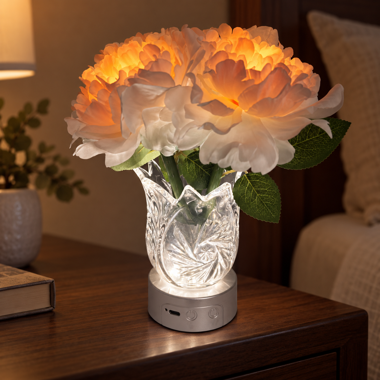 JackonLux rechargeable RGB peony flower lamp glowing on a bedside table