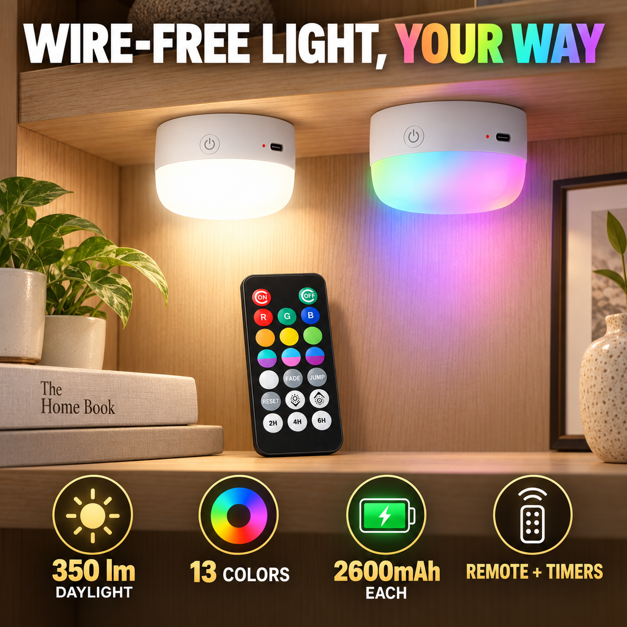 Two rechargeable magnetic RGB puck lights with 350-lumen daylight, 13 colors, remote and timers