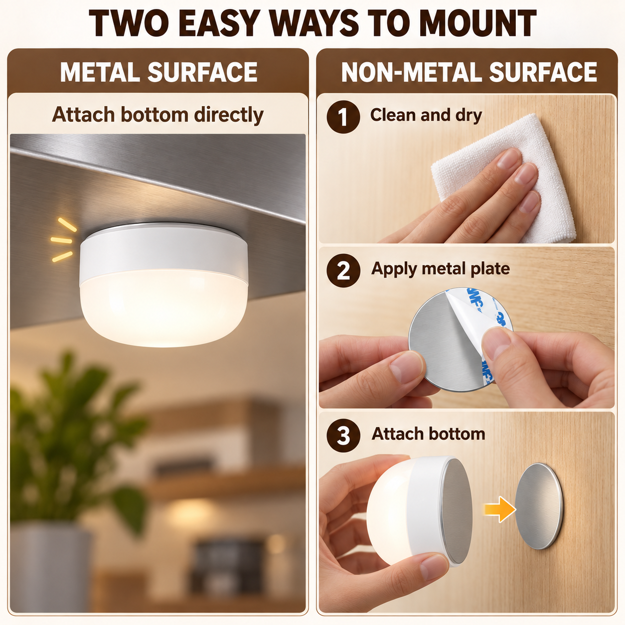 Magnetic puck light attaching by its flat bottom to metal and adhesive mounting plates