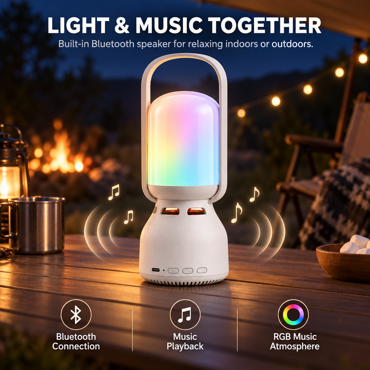 JackonLux camping lantern with Bluetooth speaker and colorful RGB lighting