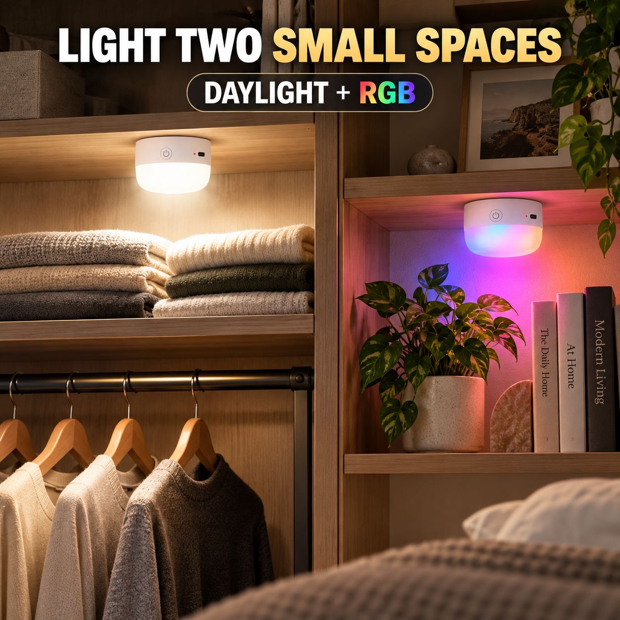 Two magnetic puck lights providing daylight closet lighting and RGB shelf lighting