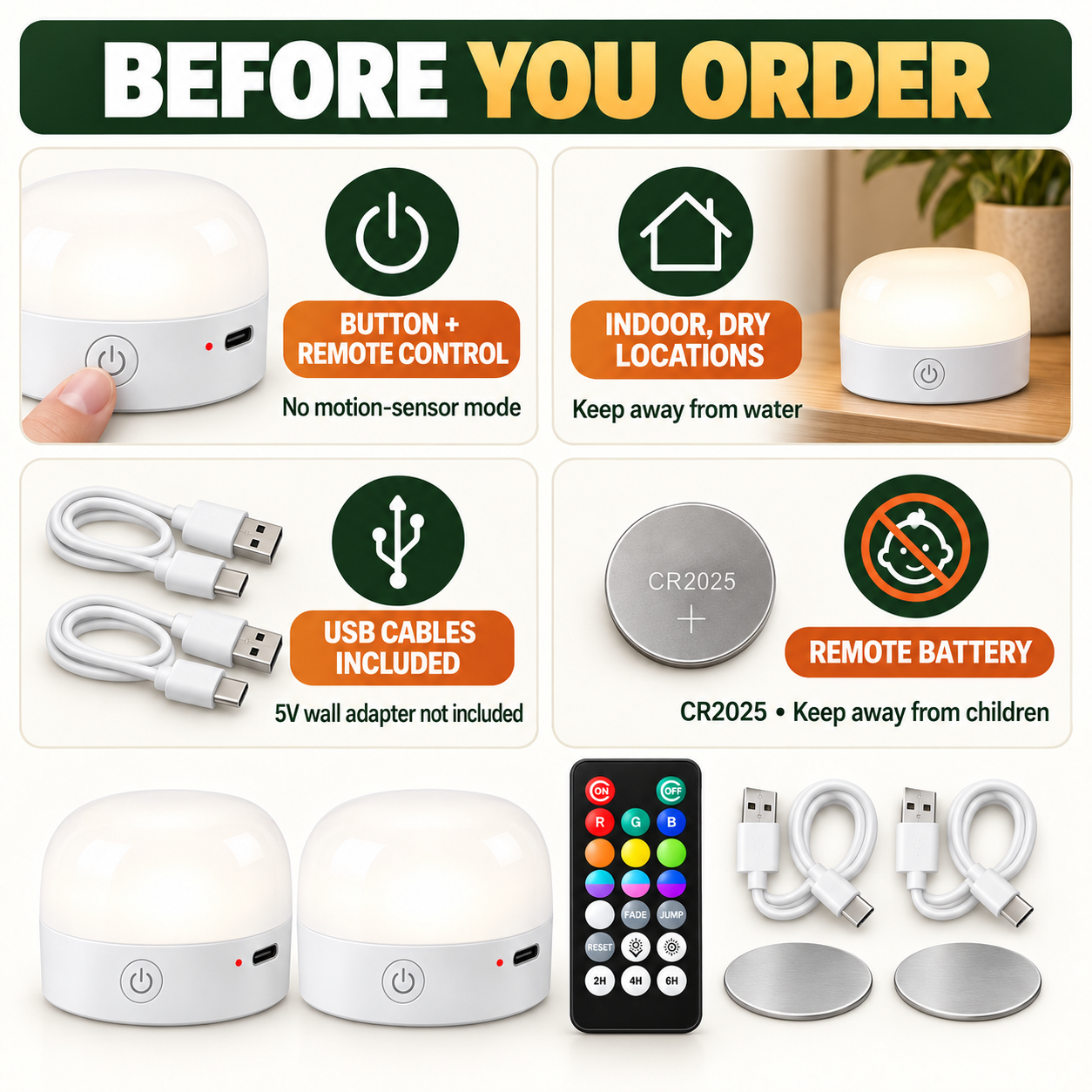 Buying information for rechargeable puck lights including controls, charging and indoor use