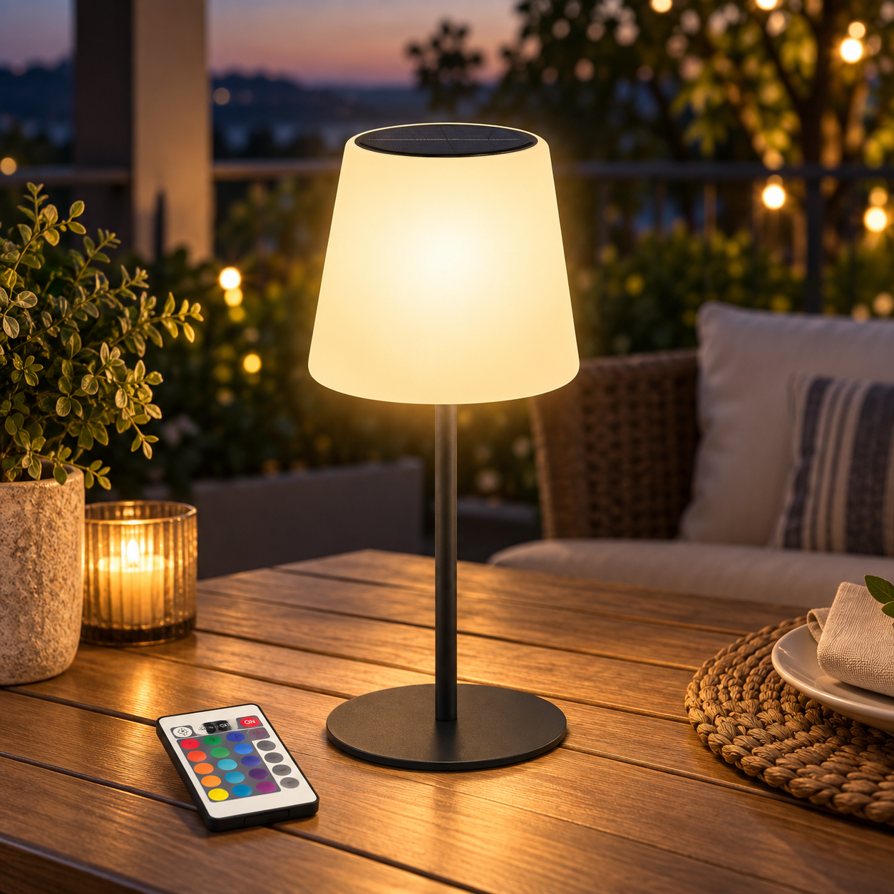 JackonLux rechargeable solar table lamp with remote on an outdoor patio table at dusk