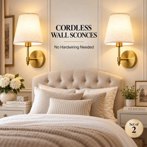 Rechargeable cordless wall sconces set of 2 installed beside a bedroom bed