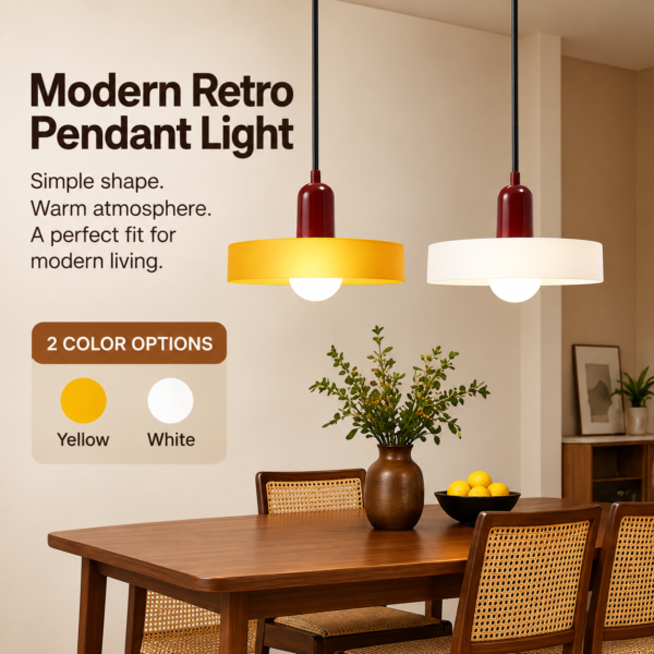 Retro pendant light available in yellow and white glass shade color options