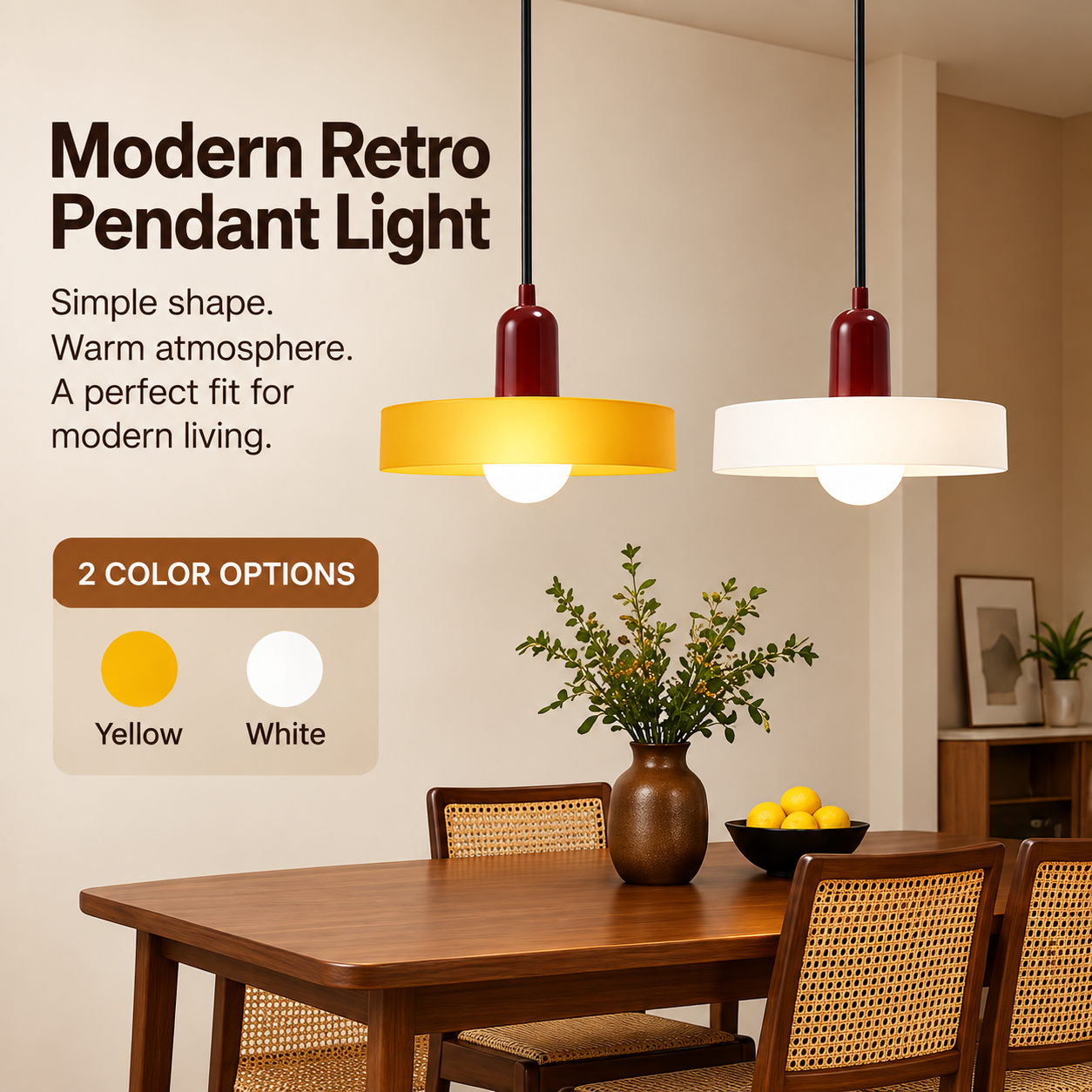 Retro pendant light available in yellow and white glass shade color options