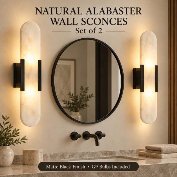 Alabaster wall sconces set of 2 with matte black hardware and warm ambient light