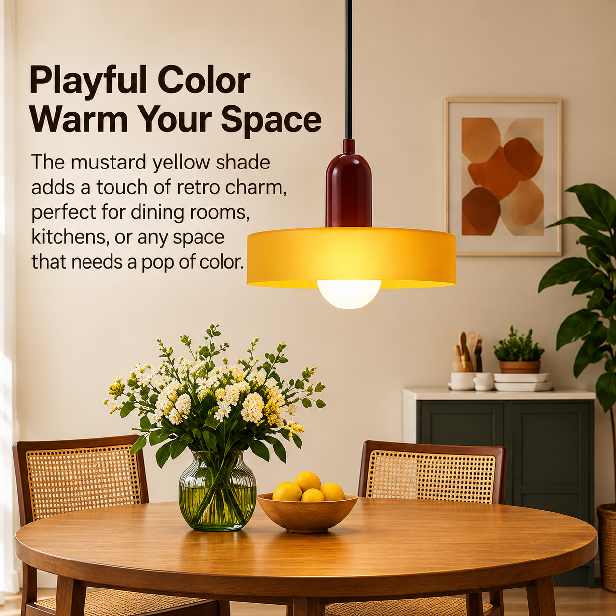 Yellow retro pendant light above a mid century dining table