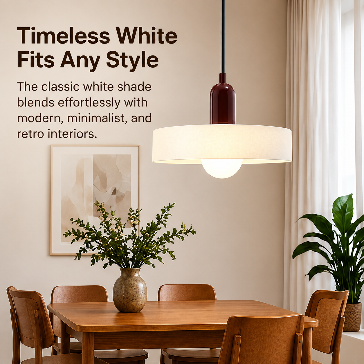 White retro pendant light in a modern neutral dining room