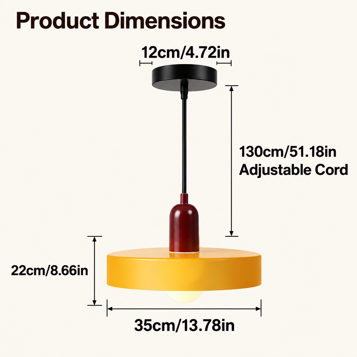 Retro pendant light dimensions with 13.78 inch width and 51.18 inch adjustable cord