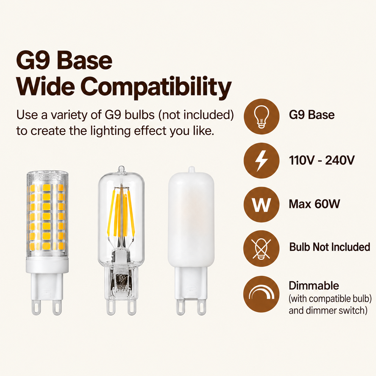 G9 base pendant light compatible with different G9 bulbs up to 60 watts