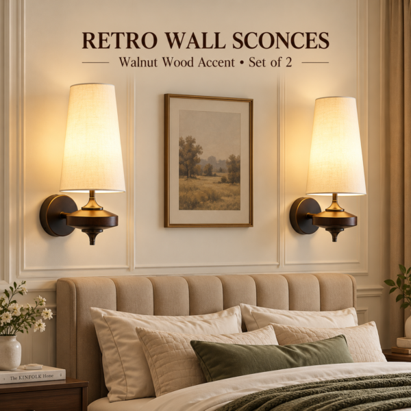 Set of two retro walnut wall sconces with fabric shades installed above a bedroom bed