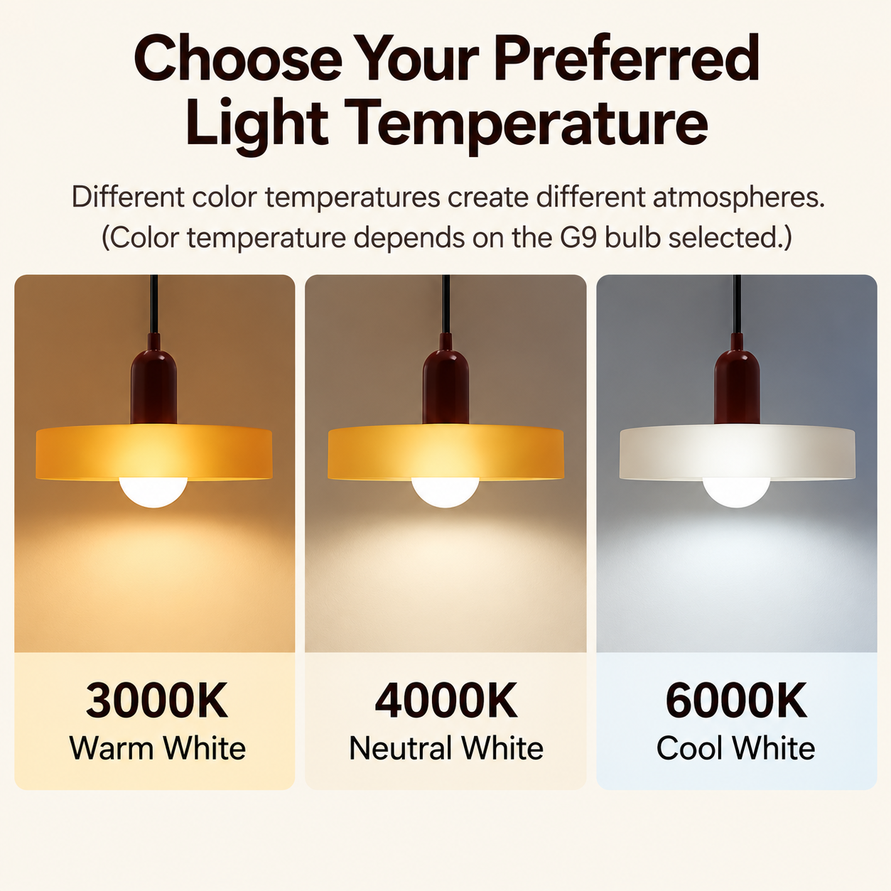 Retro pendant light shown with 3000K 4000K and 6000K G9 bulb color temperatures