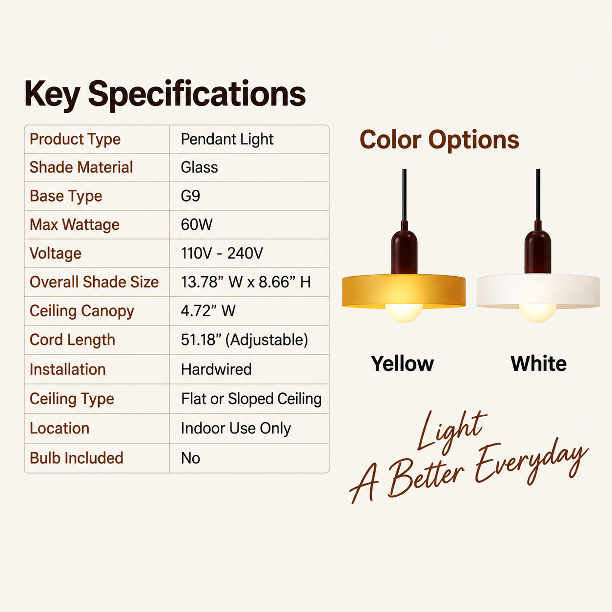 Retro pendant light specifications with G9 base adjustable cord and yellow white options