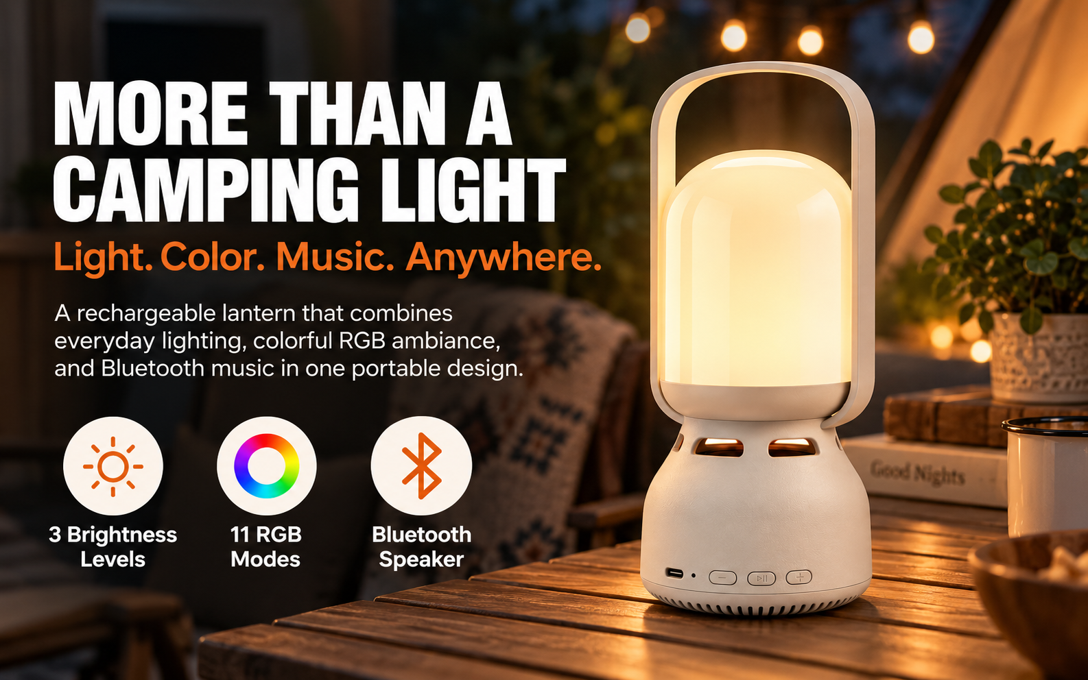 Camping lantern showing three adjustable brightness levels