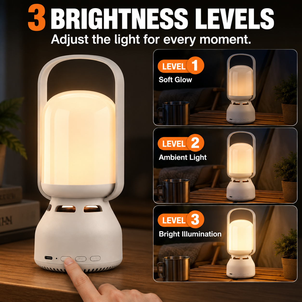 JackonLux camping lantern demonstrating three brightness settings from soft glow to bright illumination