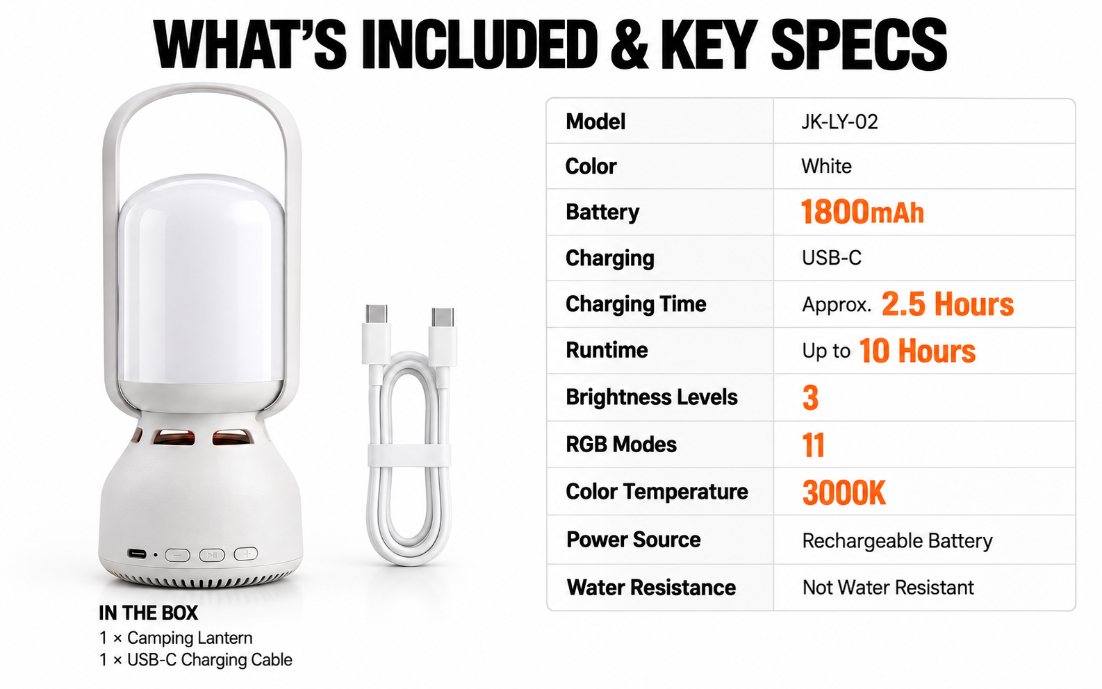 Camping lantern with USB-C charging cable and key product specifications