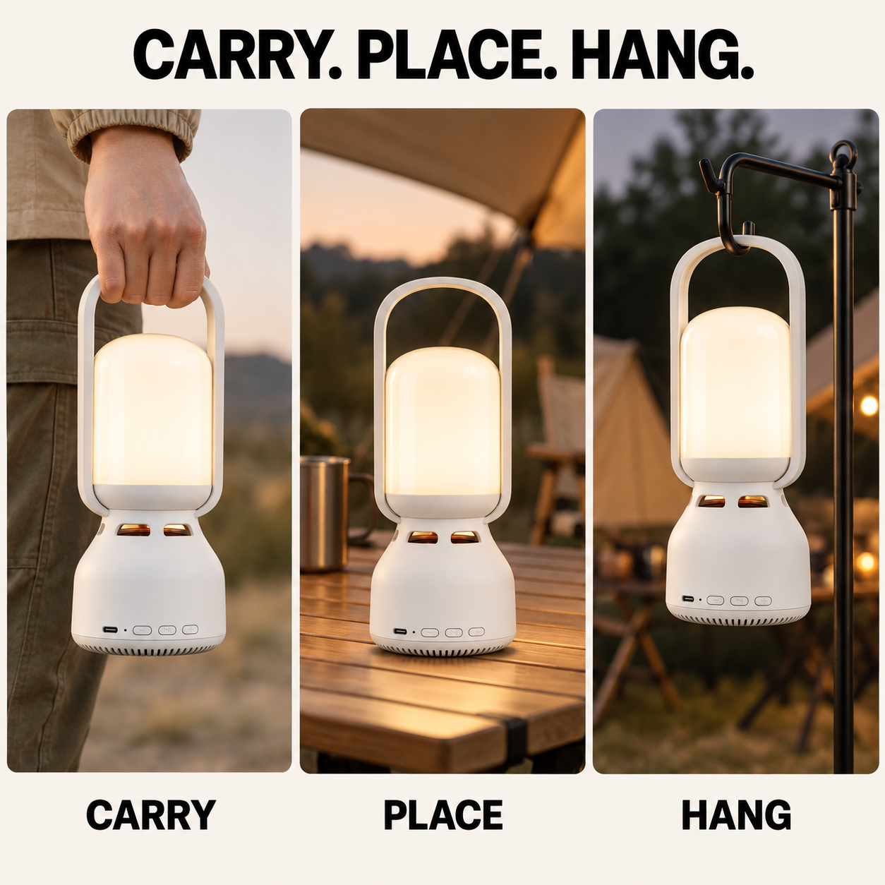 Portable JackonLux camping lantern shown carried, placed on a table and hanging