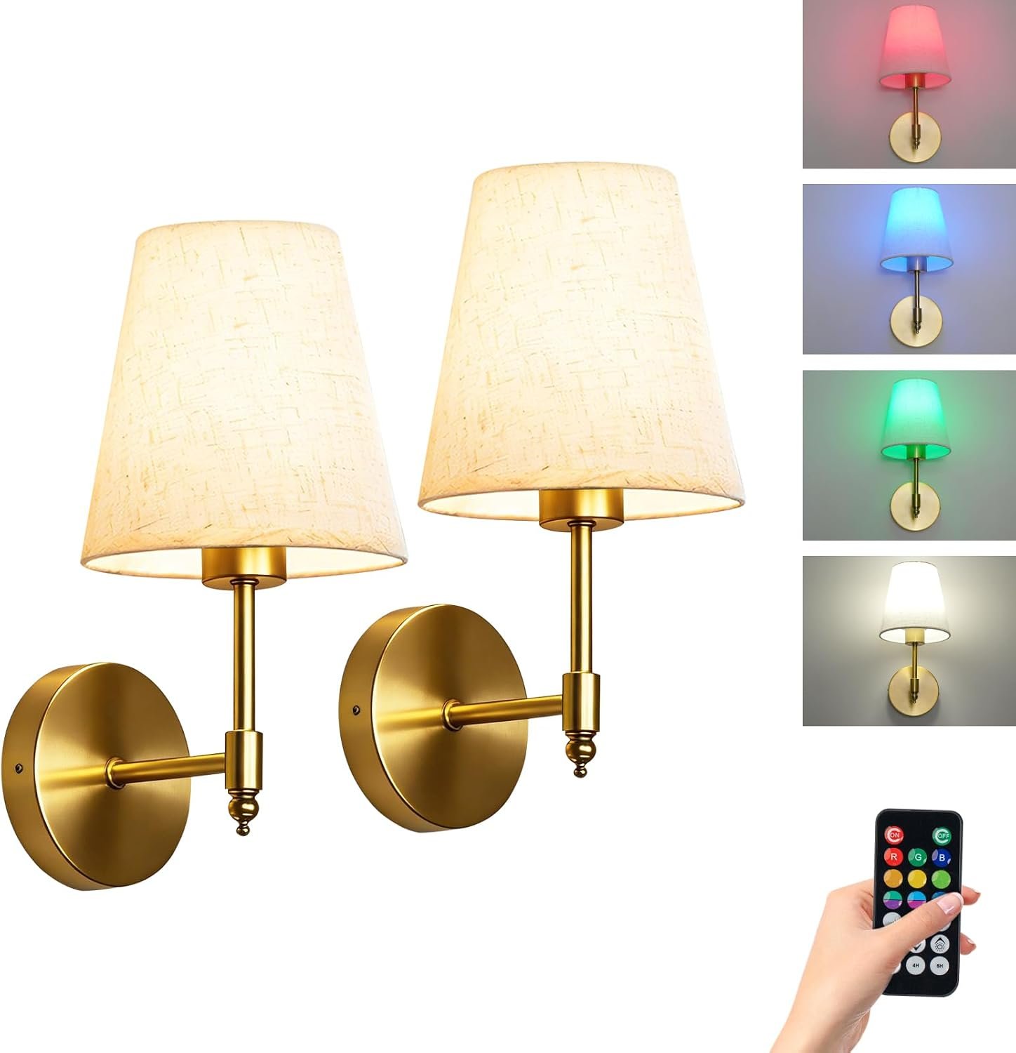 JackonLux Wireless Fabric Wall Sconces with Rechargeable RGBW Bulbs, Set of 2