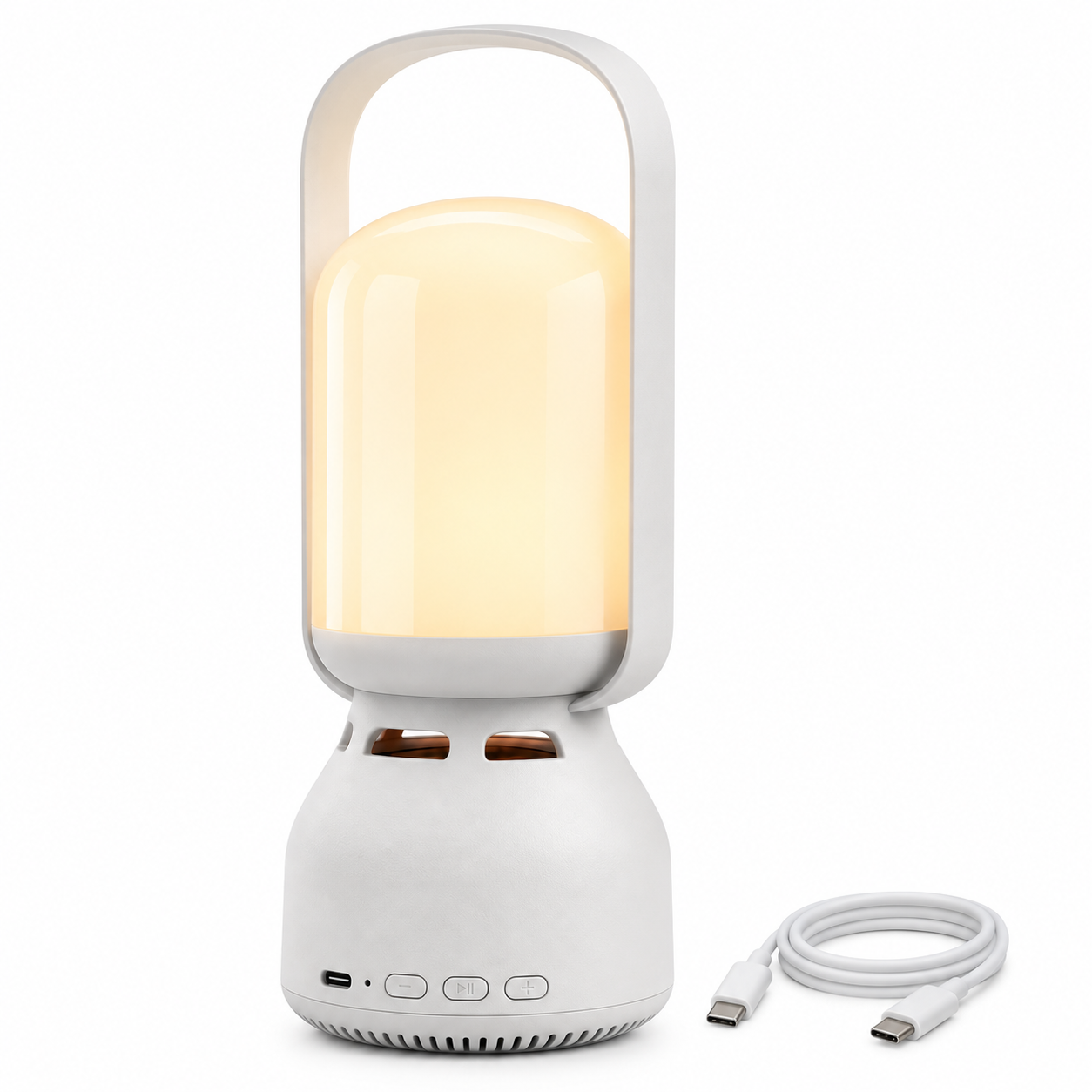 JackonLux rechargeable camping lantern with Bluetooth speaker and USB-C charging, white