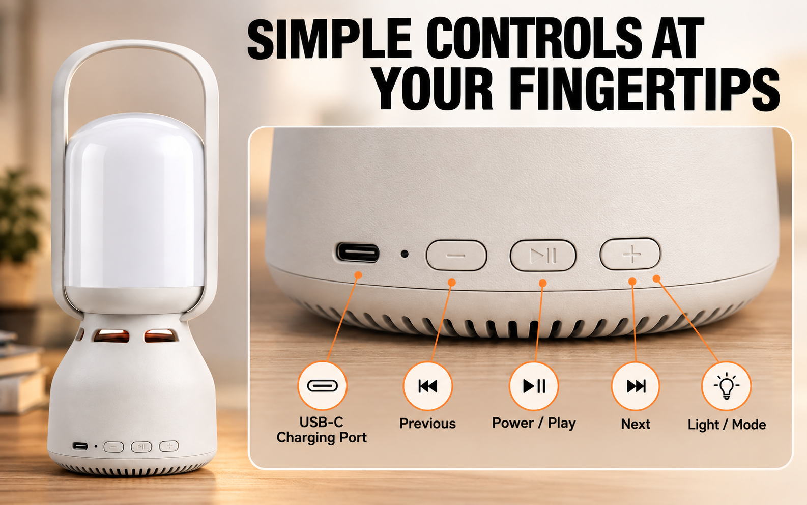 Camping lantern control buttons and USB-C charging port
