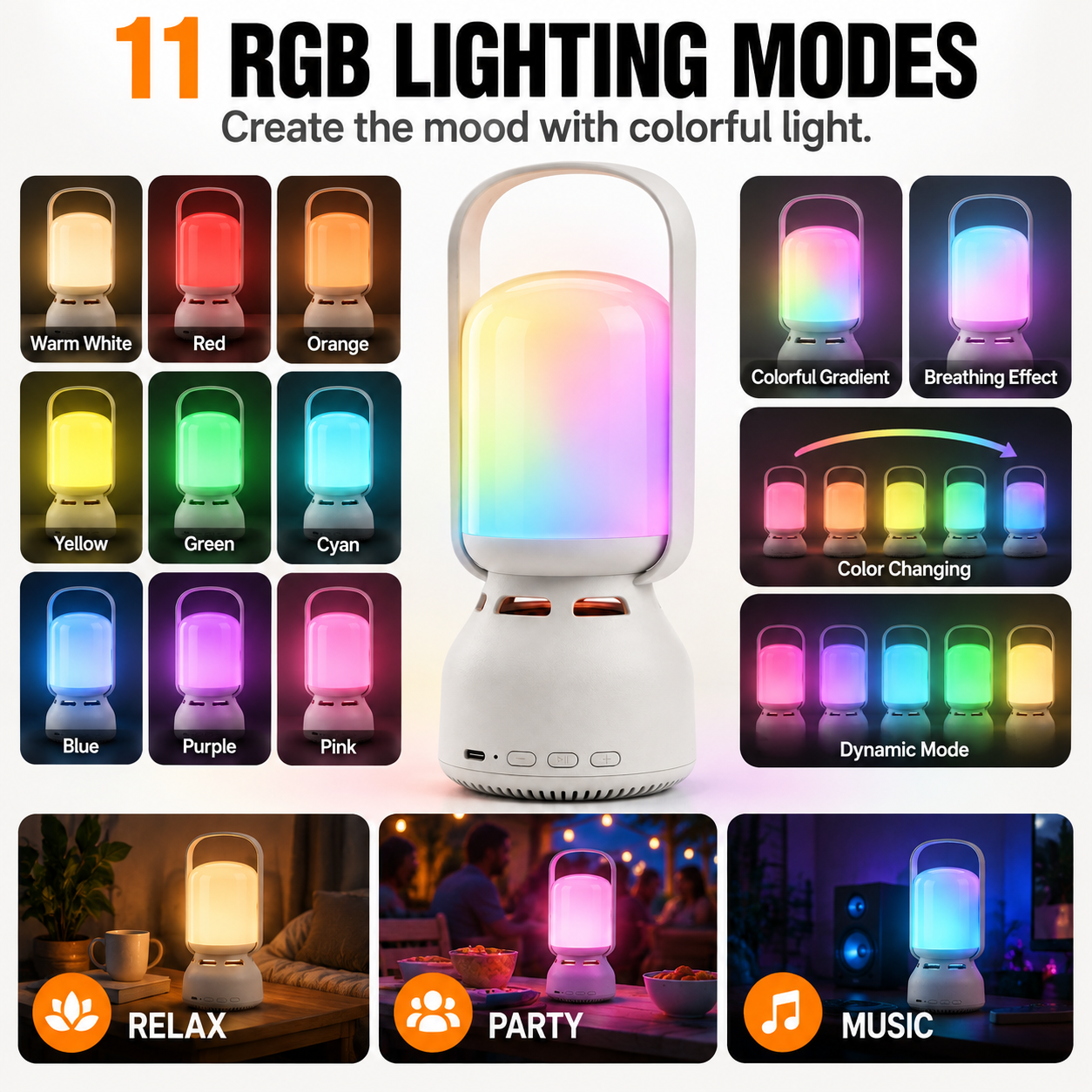 JackonLux camping lantern displaying 11 colorful RGB lighting modes