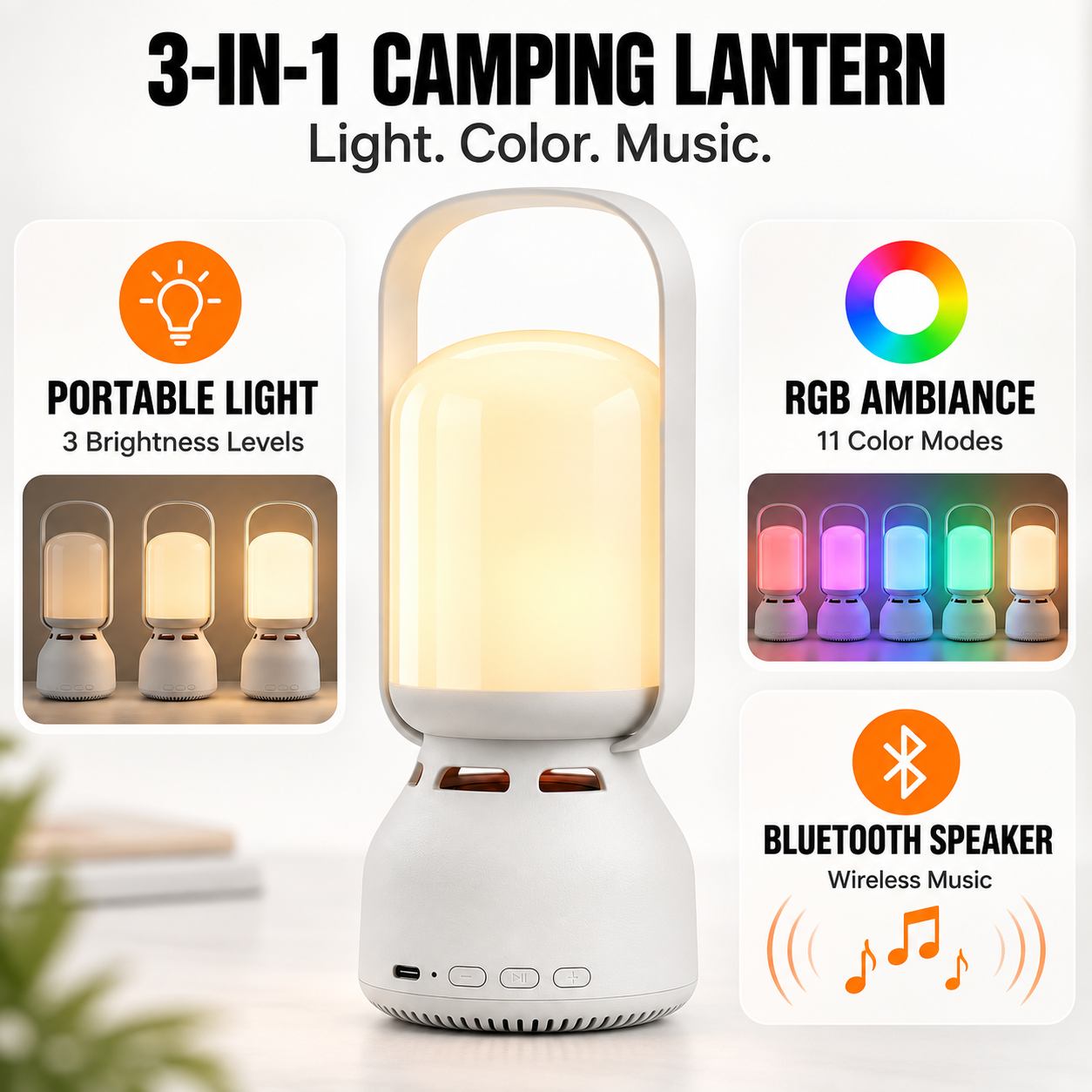 JackonLux 3-in-1 camping lantern with portable light, RGB modes and Bluetooth speaker