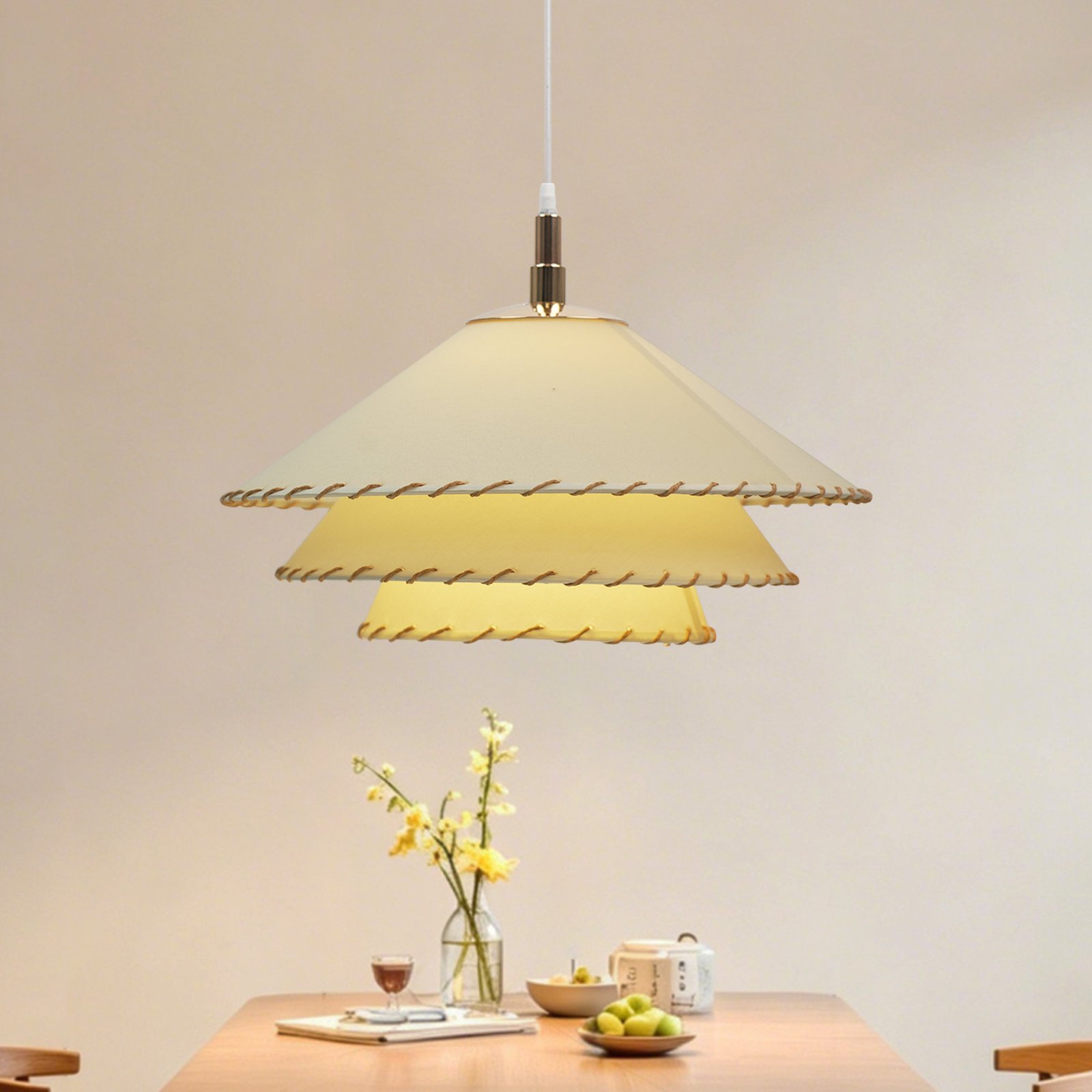 JackonLux Boho 3-Tier Fabric Pendant Light with Rope Detail