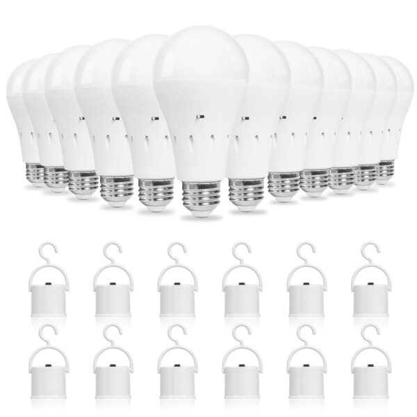 Twelve BrightLiving rechargeable emergency LED bulbs with twelve portable power caps