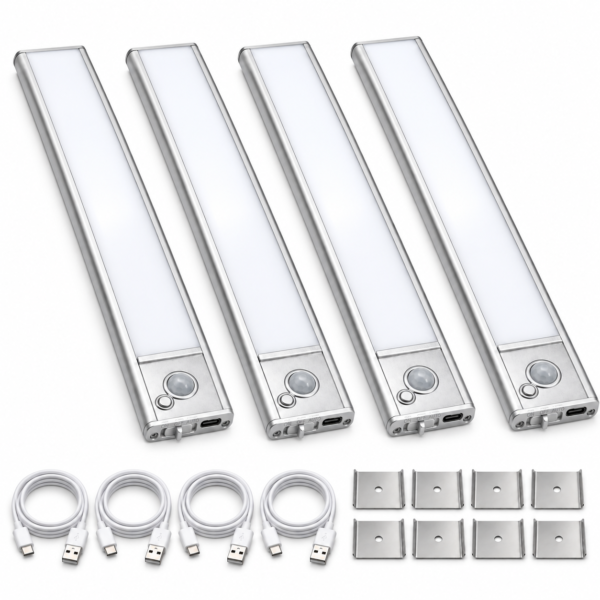 JackonLux rechargeable motion sensor under cabinet lights, 4 pack with mounting accessories