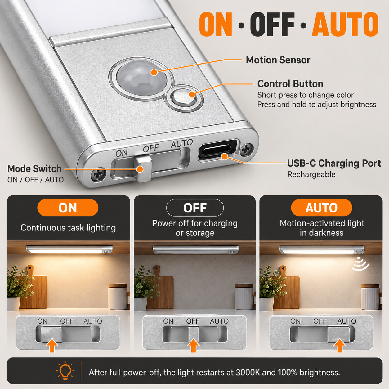 JackonLux cabinet light controls showing ON, OFF and dark-only AUTO modes
