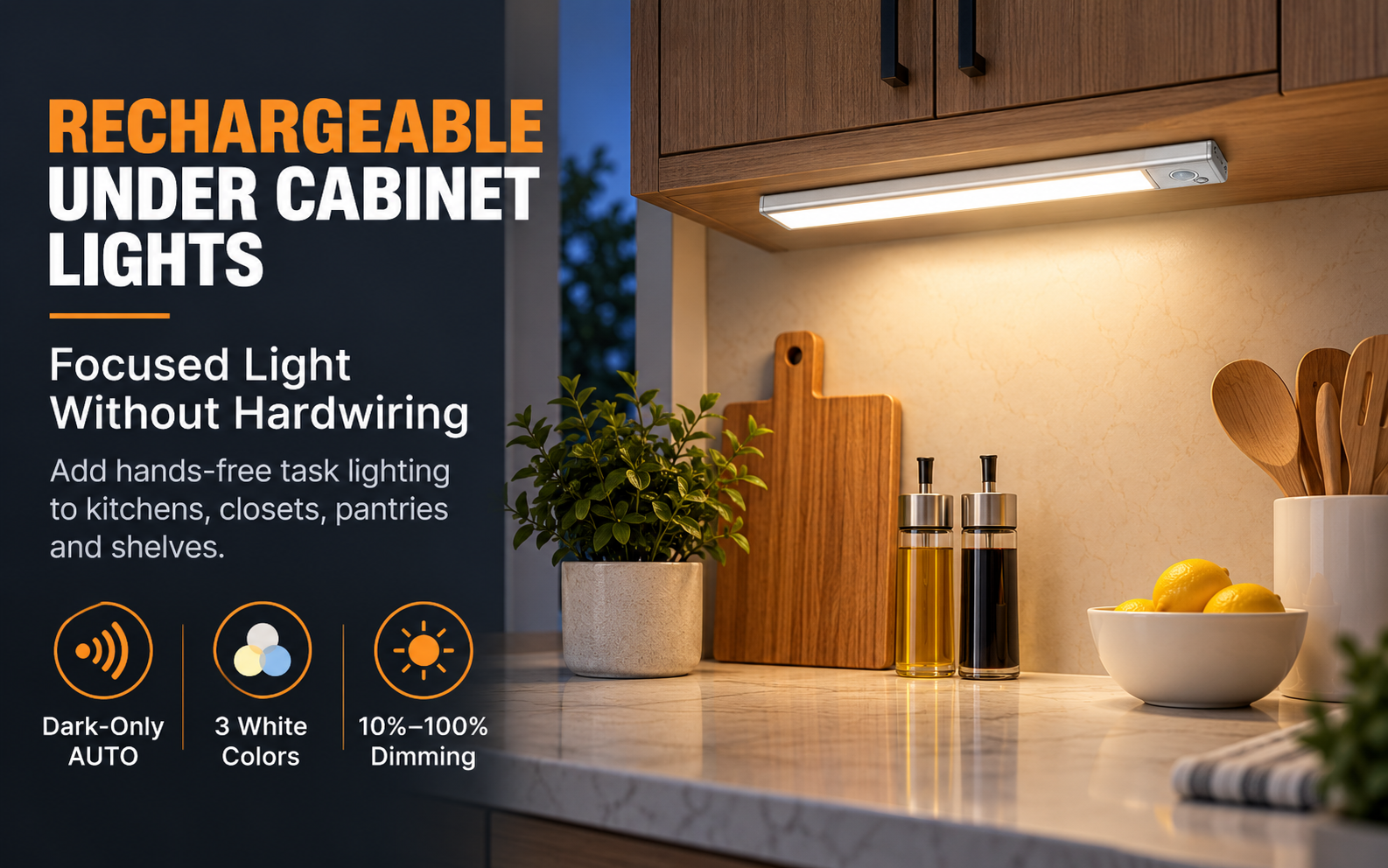 Rechargeable under cabinet lights providing focused kitchen task lighting without hardwiring