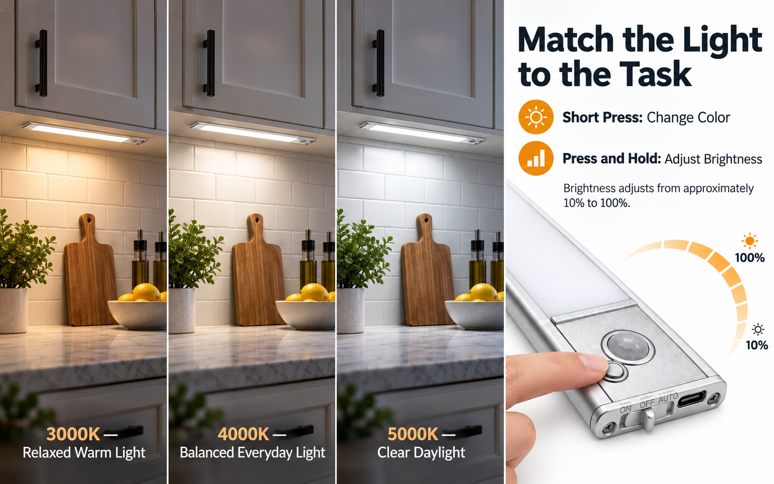Rechargeable cabinet light comparing 3000K, 4000K and 5000K color temperatures