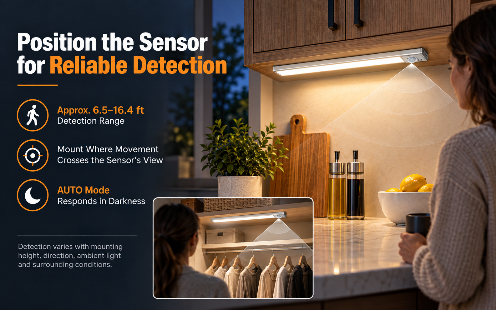 Correct motion sensor placement for reliable rechargeable cabinet light detection