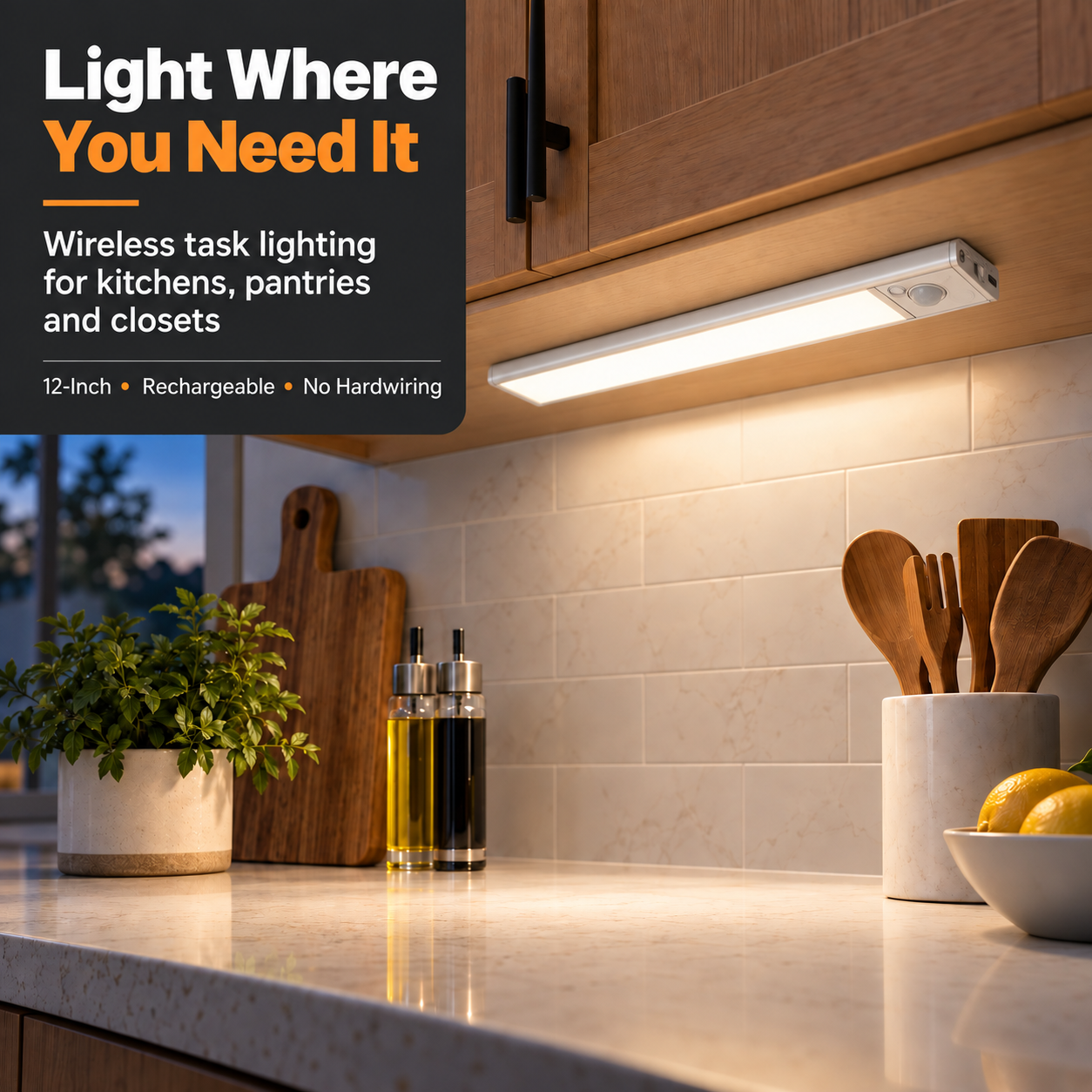 Rechargeable under cabinet light illuminating an American kitchen countertop
