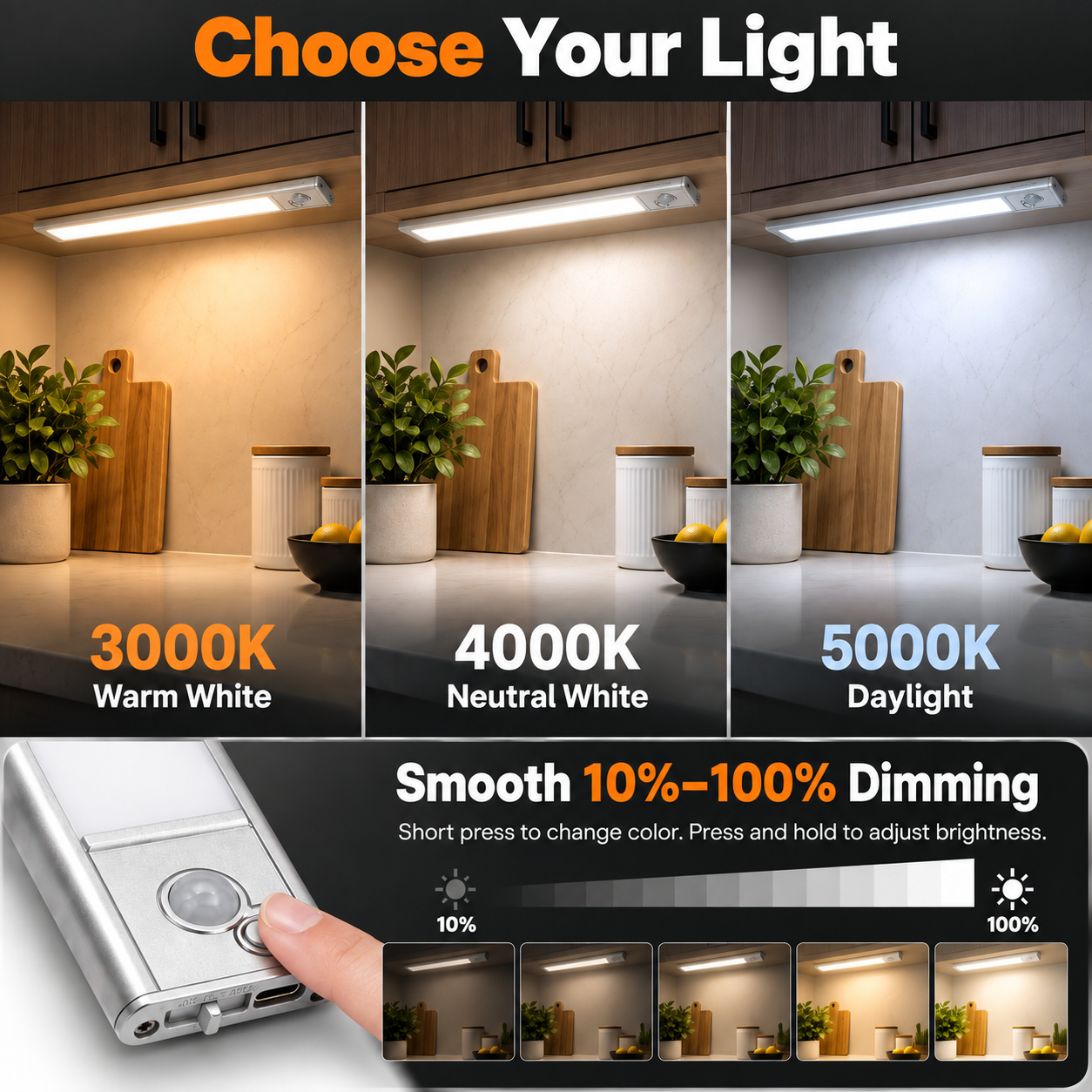 Under cabinet light with 3000K, 4000K and 5000K colors and adjustable brightness