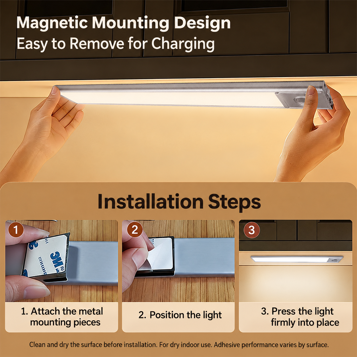 Installing a rechargeable under cabinet light with magnetic mounting plates