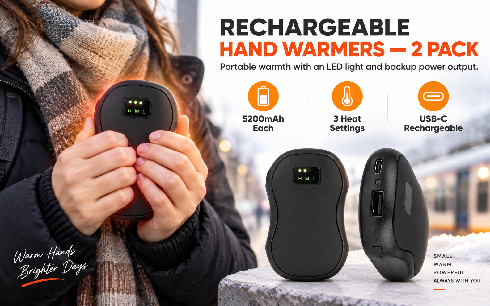 JackonLux rechargeable hand warmers 2 pack for commuting, walks and outdoor winter activities