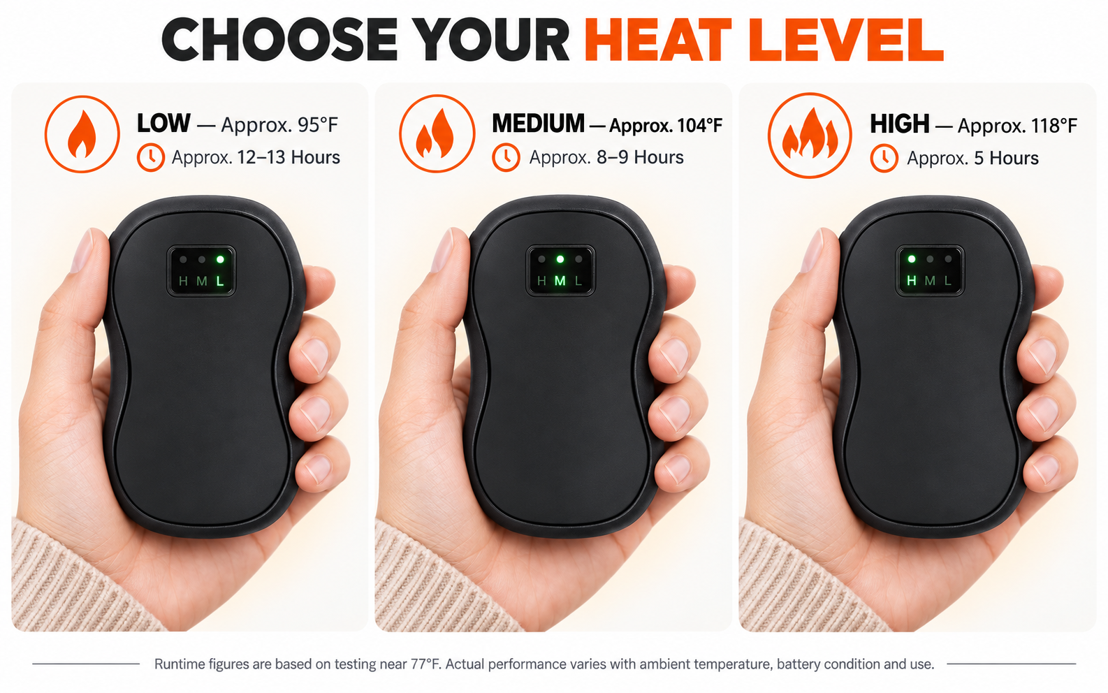 JackonLux hand warmer heat levels and estimated runtime for low, medium and high settings