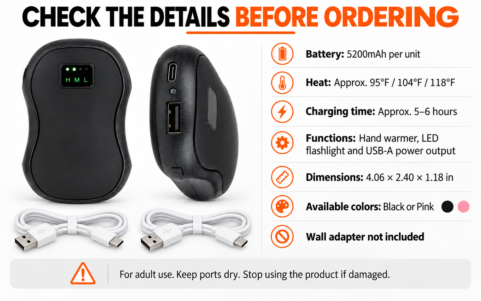 JackonLux rechargeable hand warmer specifications, dimensions, functions and included accessories