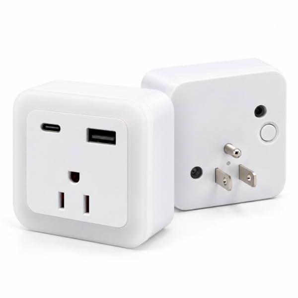 Two JackonLux plug in night lights with grounded outlet and USB charging on a white background