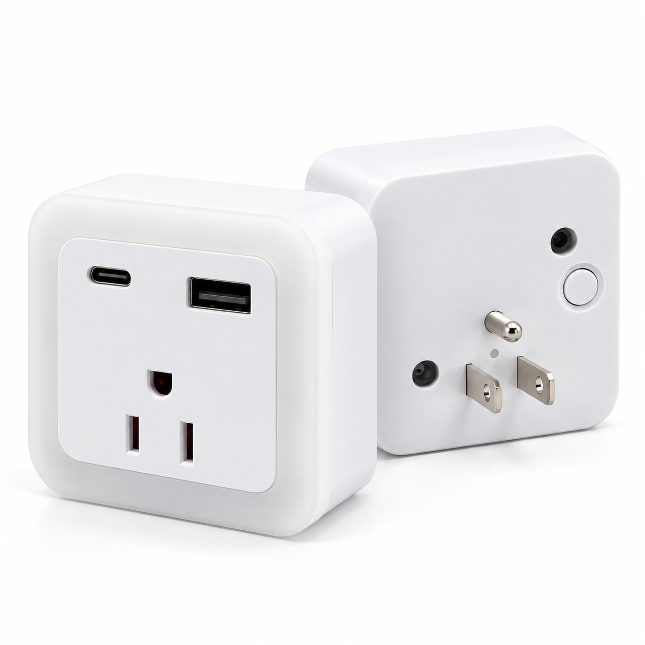 Two JackonLux plug in night lights with grounded outlet and USB charging on a white background