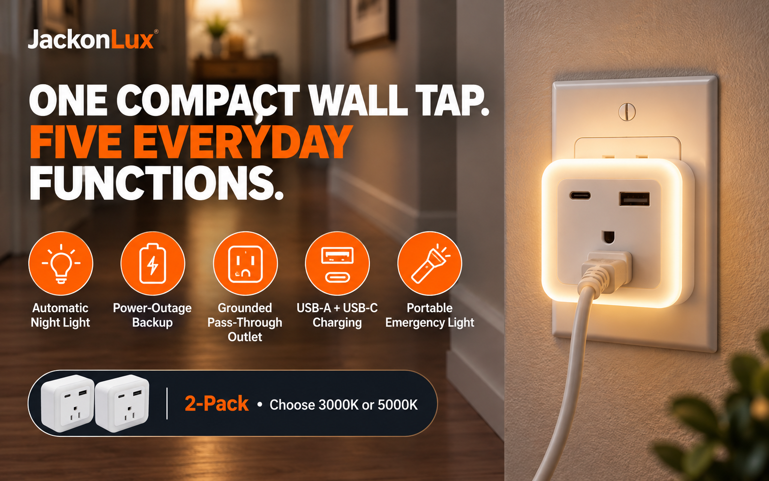 JackonLux five in one wall tap with automatic night light, grounded outlet, USB charging and battery backup