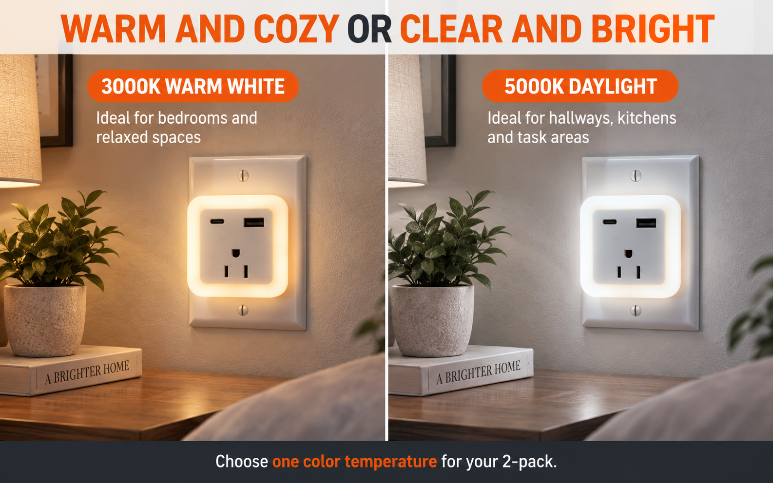 JackonLux plug in night light shown in 3000K warm white and 5000K daylight home settings