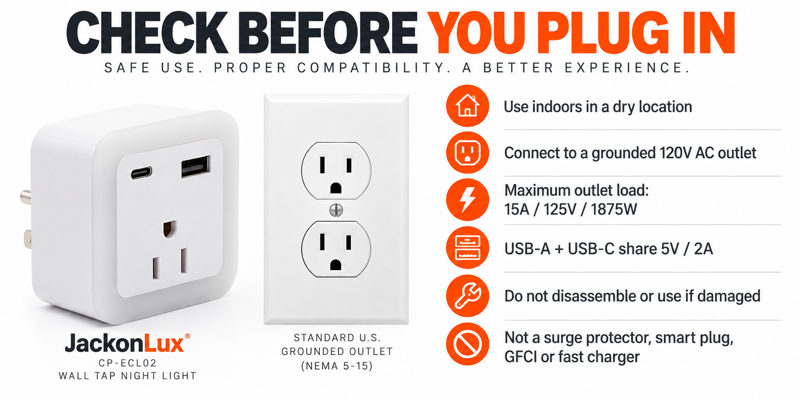 Indoor safety and grounded outlet compatibility guide for the JackonLux plug in night light