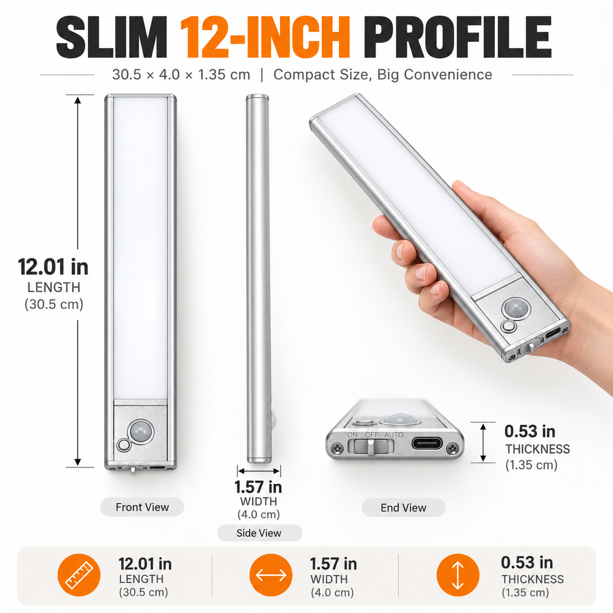 JackonLux 12-inch slim rechargeable cabinet light dimensions and profile