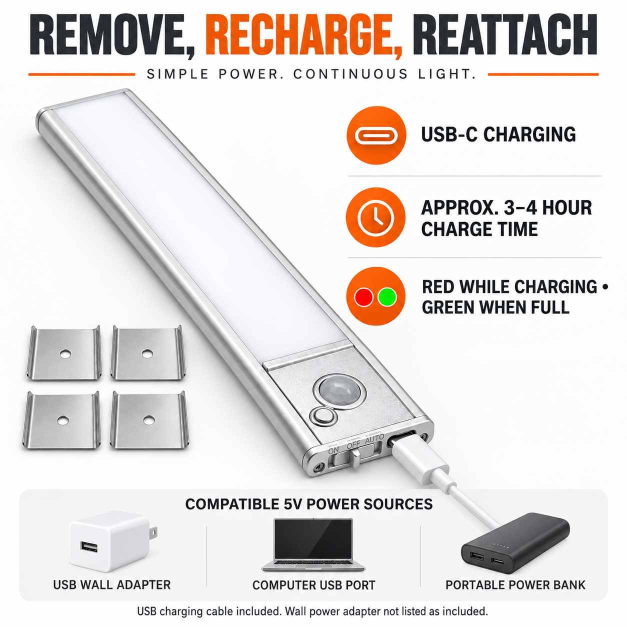 Removable rechargeable cabinet light with USB-C charging and mounting plates