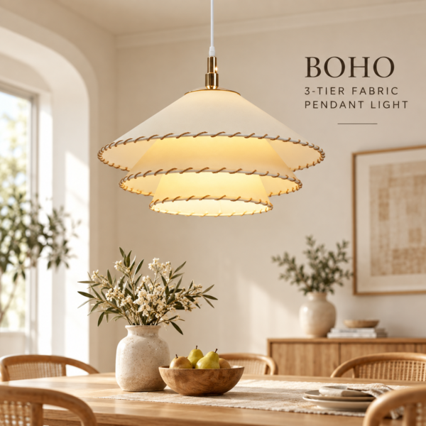 Boho pendant light with 3-tier linen shade above a dining table