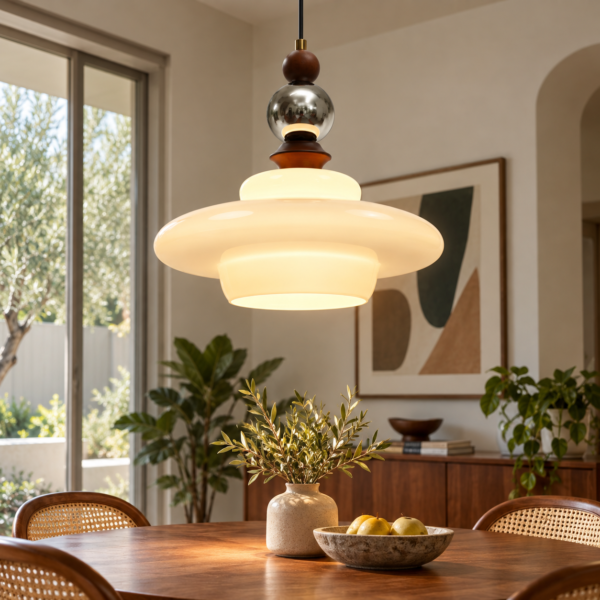 Mid century pendant light with frosted glass and walnut accents above a dining table